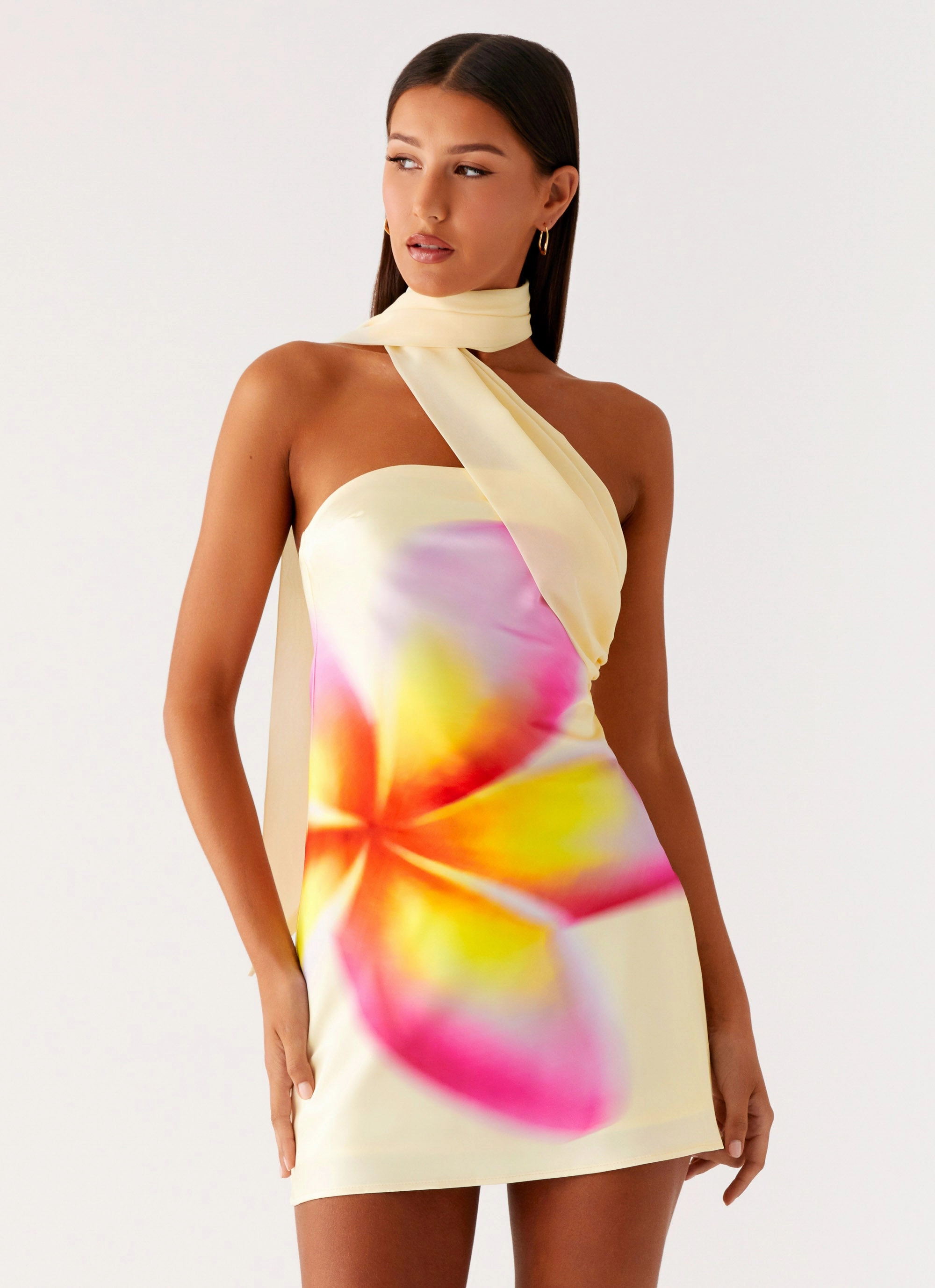 Flattering Waist Fit Timeless Vibe Isa Scarf Satin Mini Dress - Frangipani Yellow