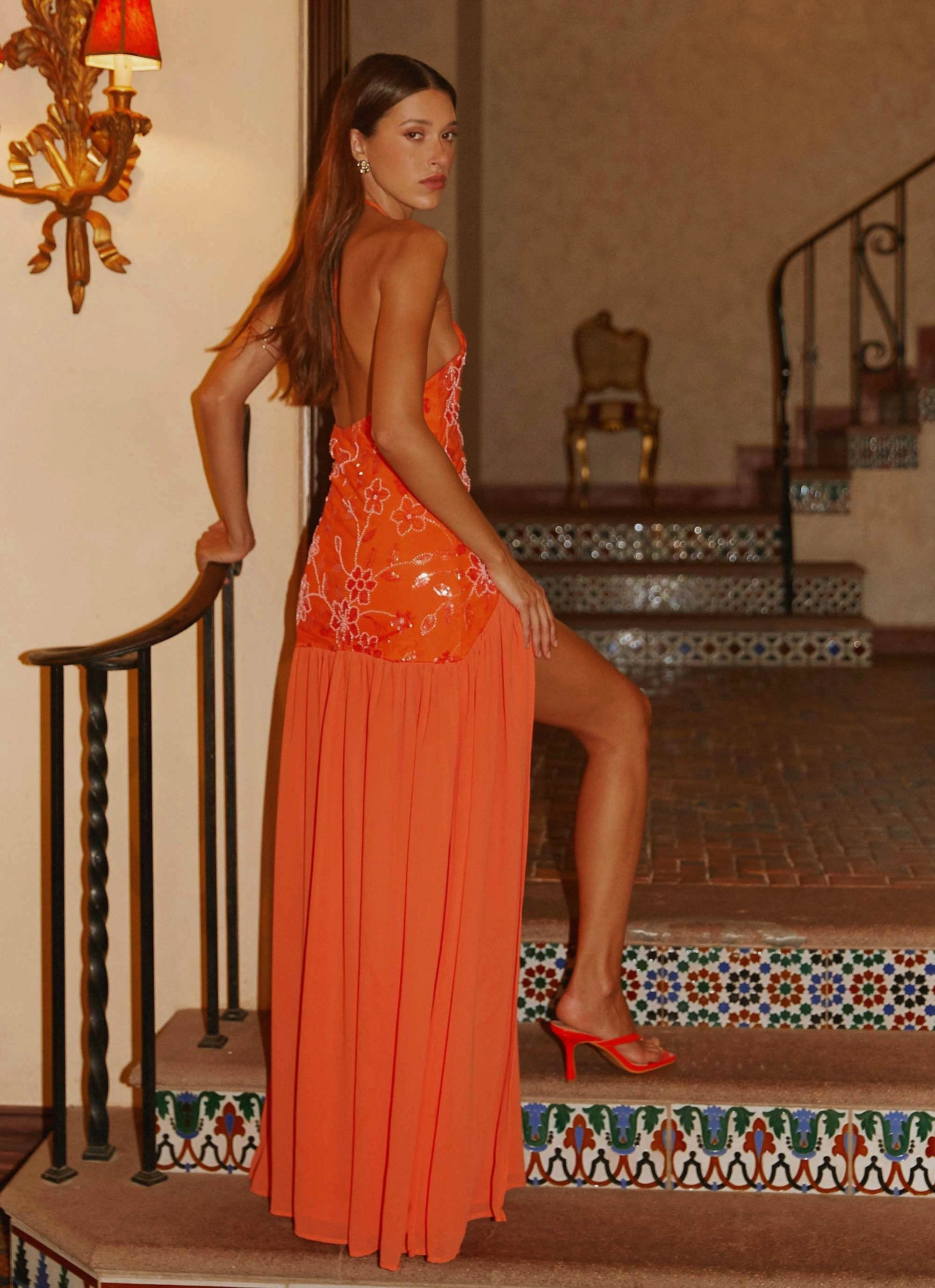 Janelle Beaded Maxi Dress - Orange Fit Easy