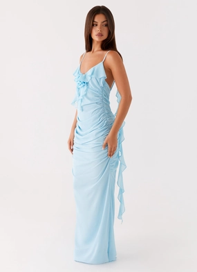 Breathable Style Satin Fabric Jasmina Maxi Dress - Blue
