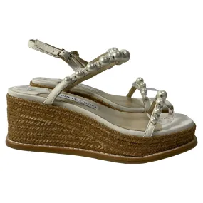 Canvas Material Jimmy Choo Latte Wedge Sandals with Pearls in White Nappa Leather