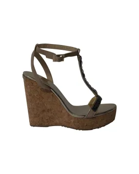 Jimmy Choo Naima Jeweled Platform Wedge Sandals in Beige Suede Mule Style Balanced Weight Distribution