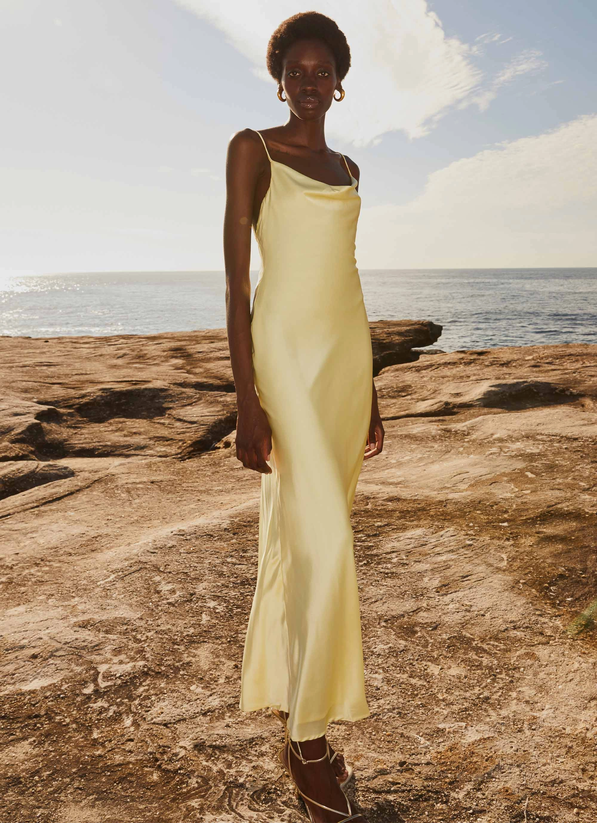 Joanna Satin Maxi Dress - Lemon Soft Stitch
