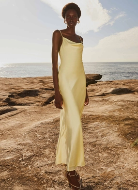 Joanna Satin Maxi Dress - Lemon Soft Stitch