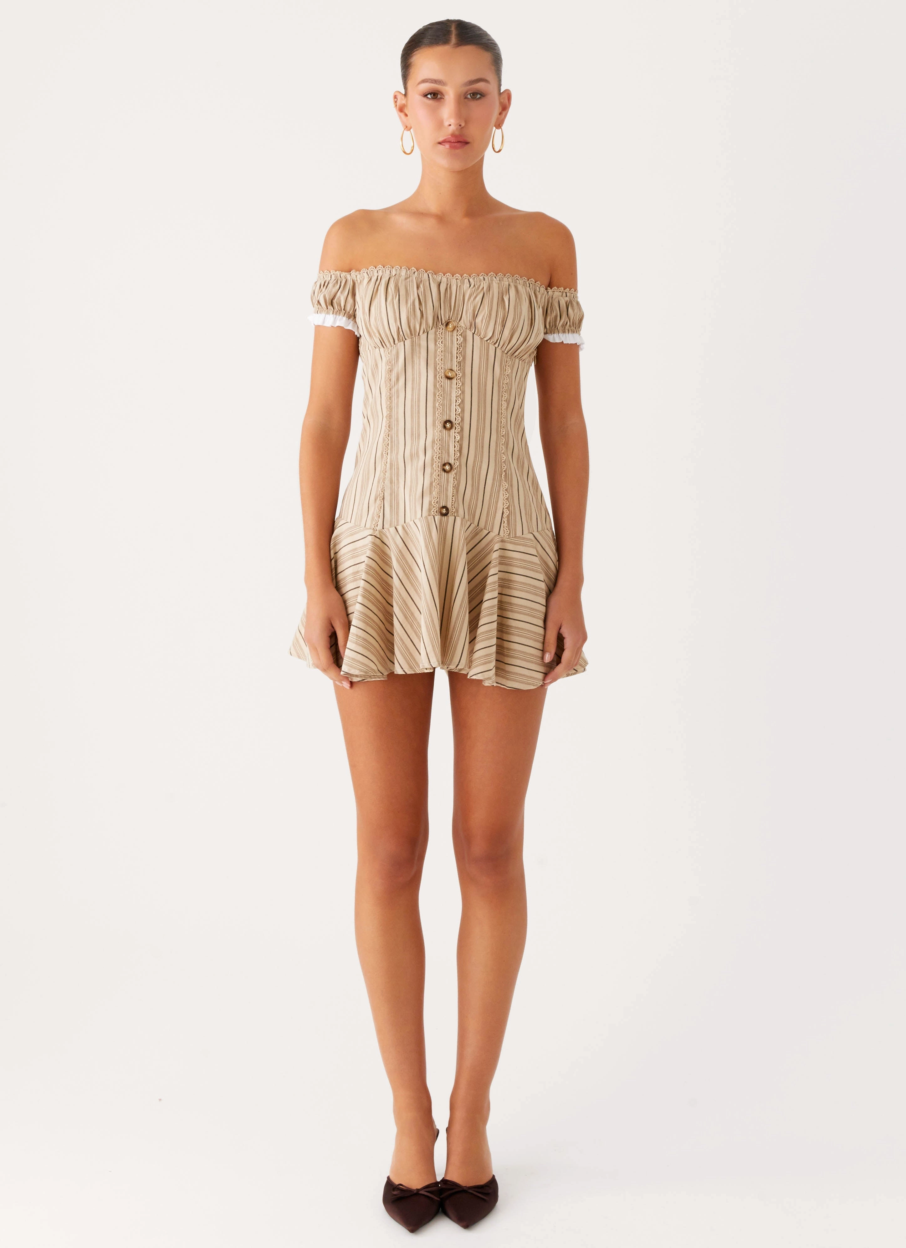 Jumana Off Shoulder Mini Dress - Off White Stripe Pleated-Texture Minimalist feel