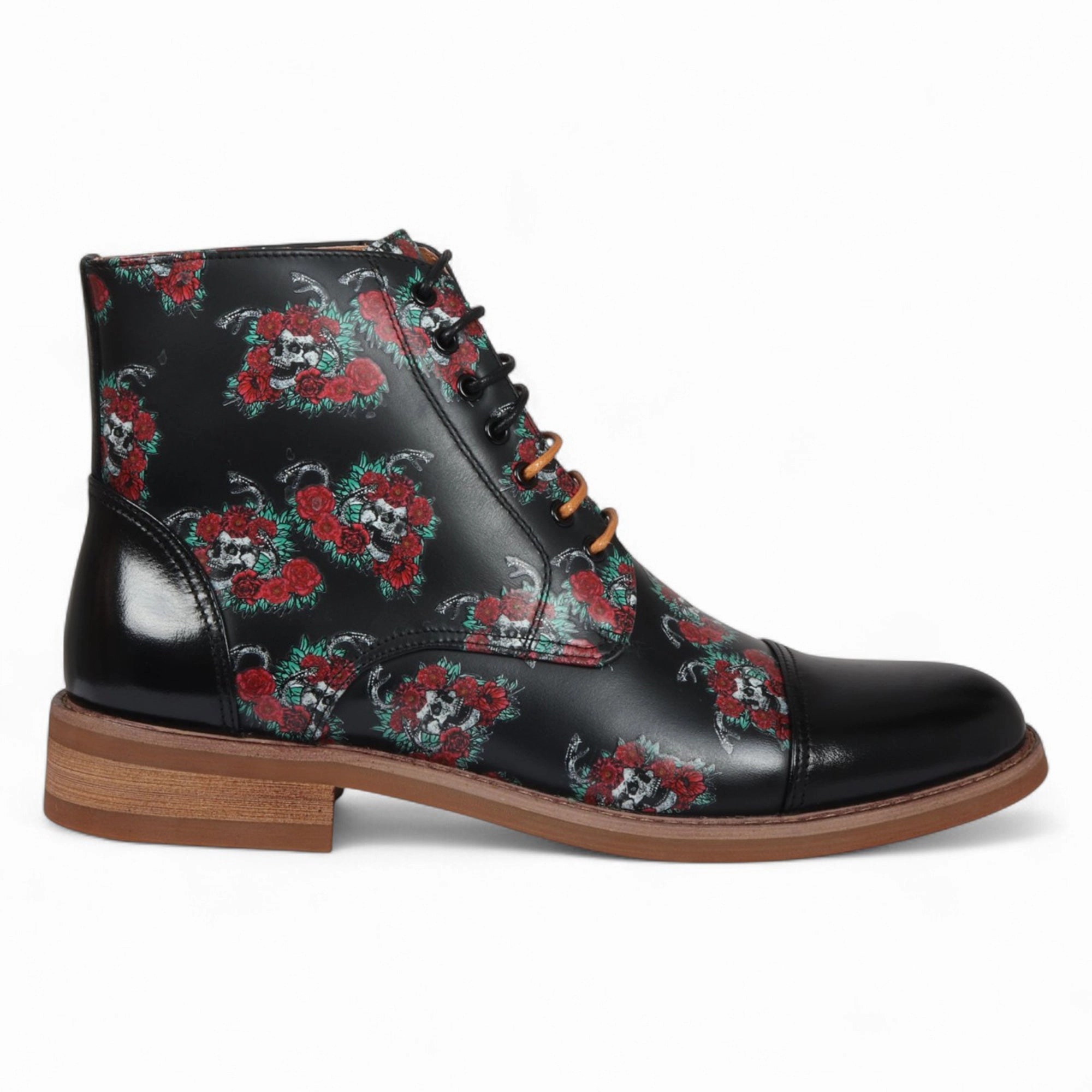 Summer cool Dust Safe Justin Reess Heren Zwarte Oxford Enkellaarsjes van Leer met Bloemenprint - Adam Skull