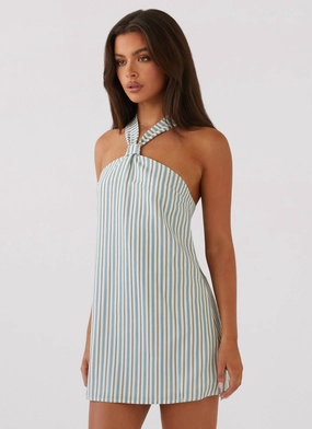 Polished Form Keira Linen Mini Dress - Blue Choc Stripe