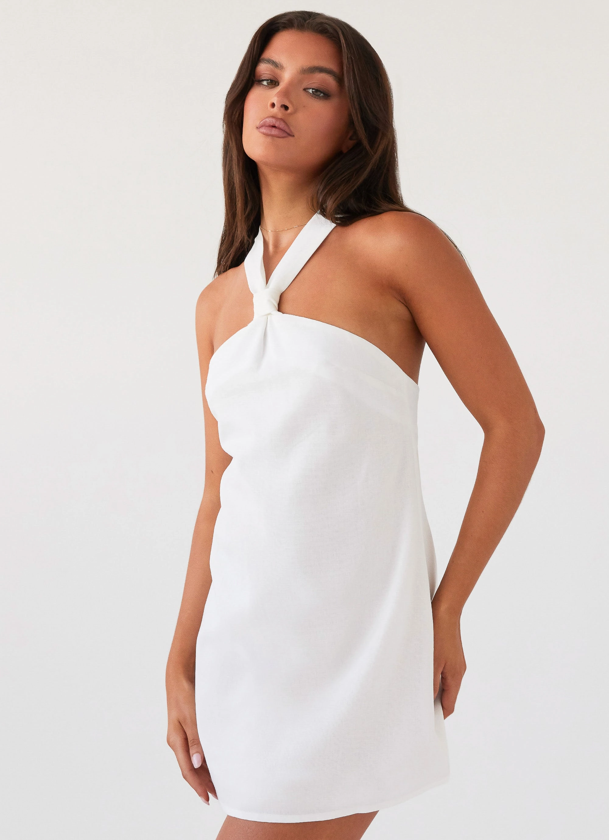 Playful Cut Sleek Waist Design Fit Keira Linen Mini Dress - White