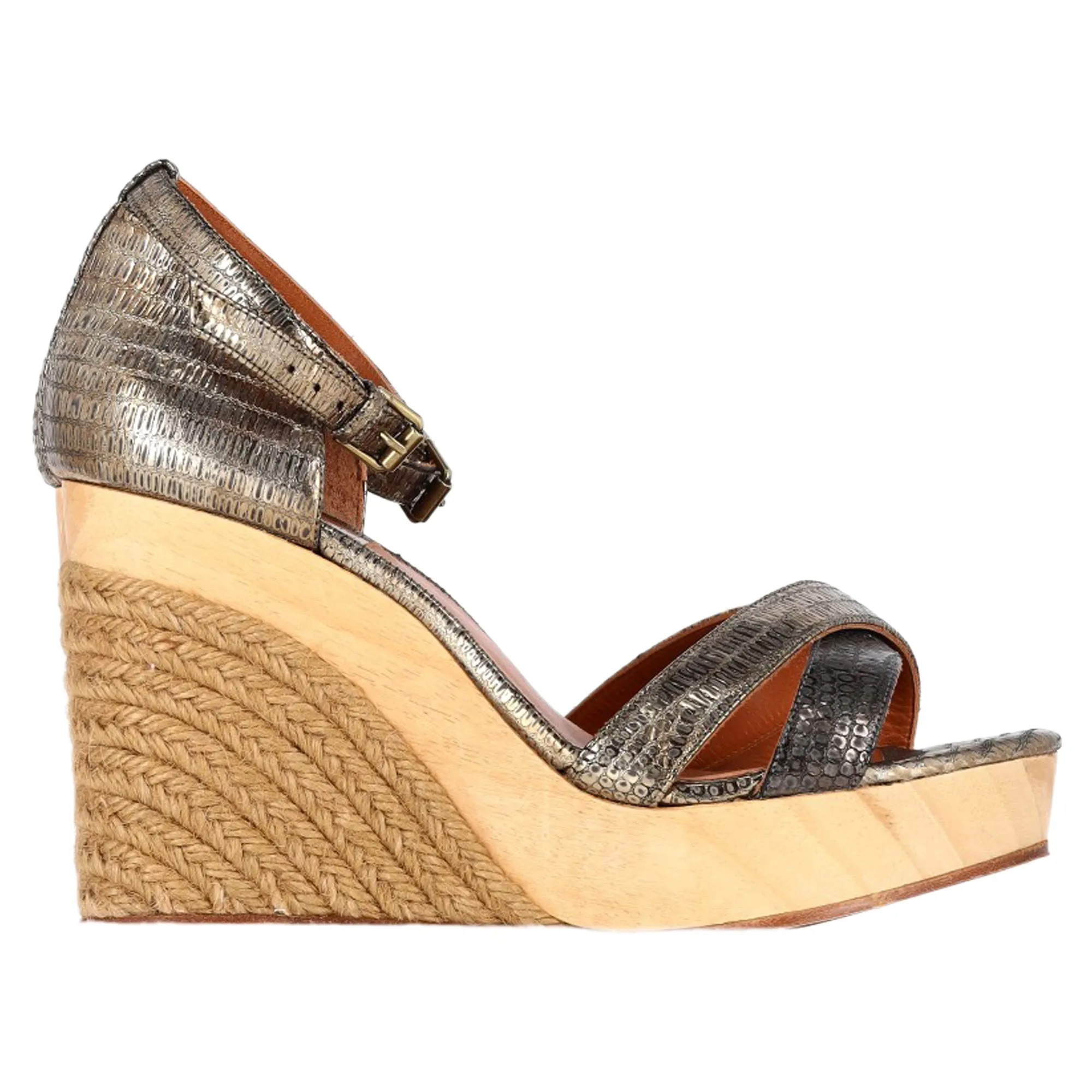 Effortless Comfort Lanvin Snake-Embossed Espadrille Slingback Wedge Sandals in Silver Leather