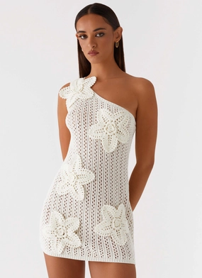 Afterglow One Shoulder Crochet Mini Dress - Ivory Silky Movement