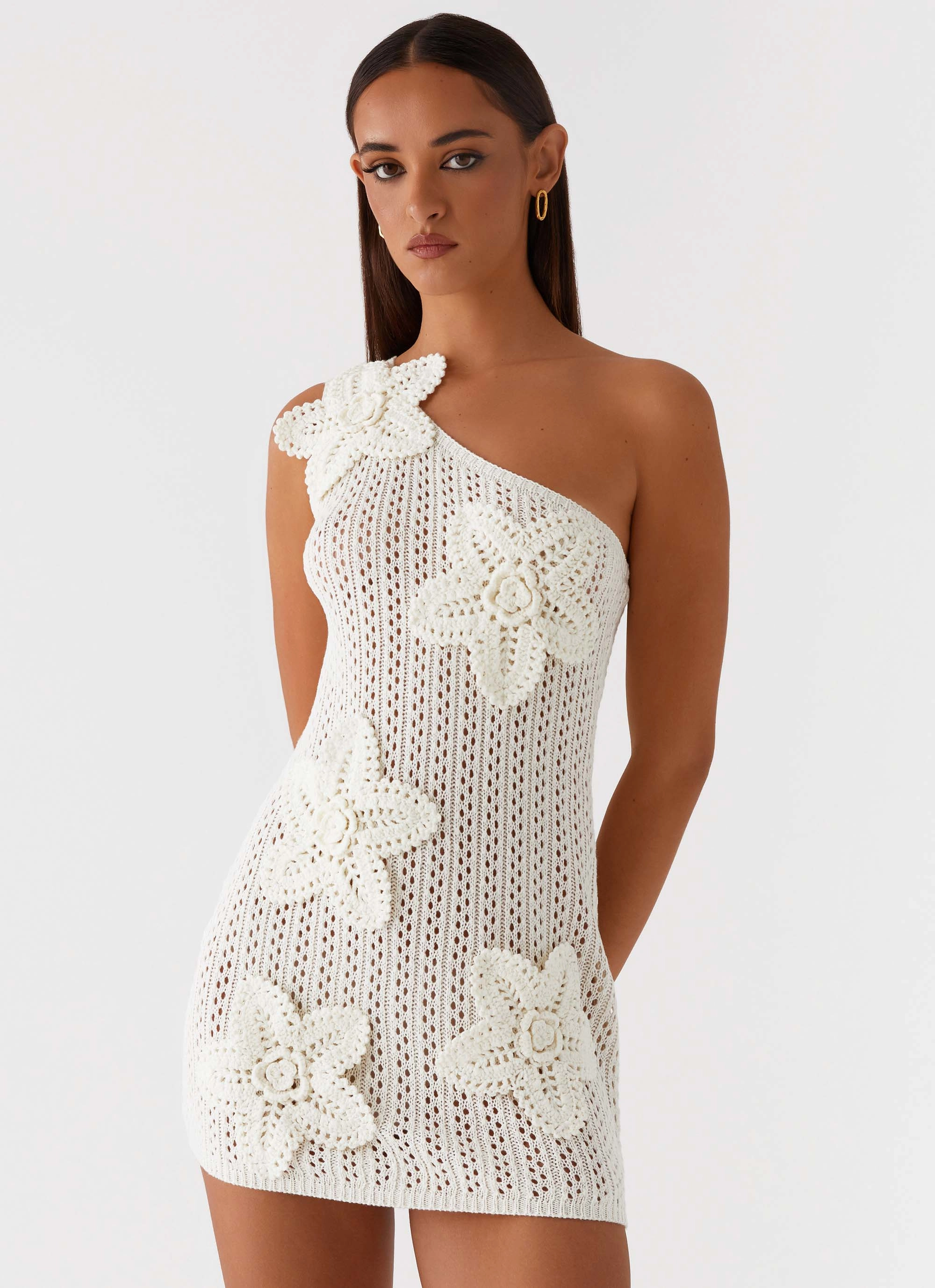 Afterglow One Shoulder Crochet Mini Dress - Ivory Silky Movement