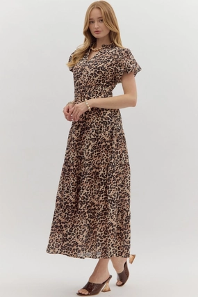 Leopard Pattern Short Bubble Sleeve Midi Dress Sweet Mood