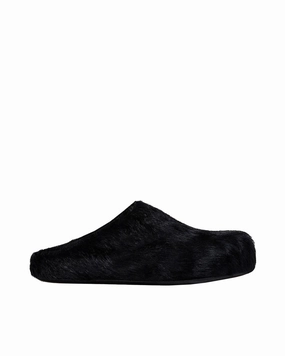 Long-Hair Leather Fussbett Mules - Black Elastic Cuff Comfort footbed