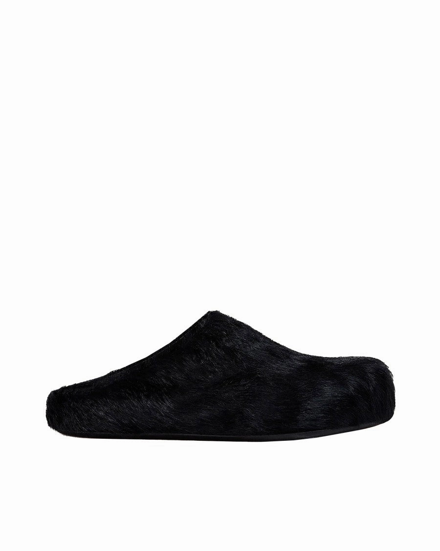 Long-Hair Leather Fussbett Mules - Black Indoor Comfort Handmade