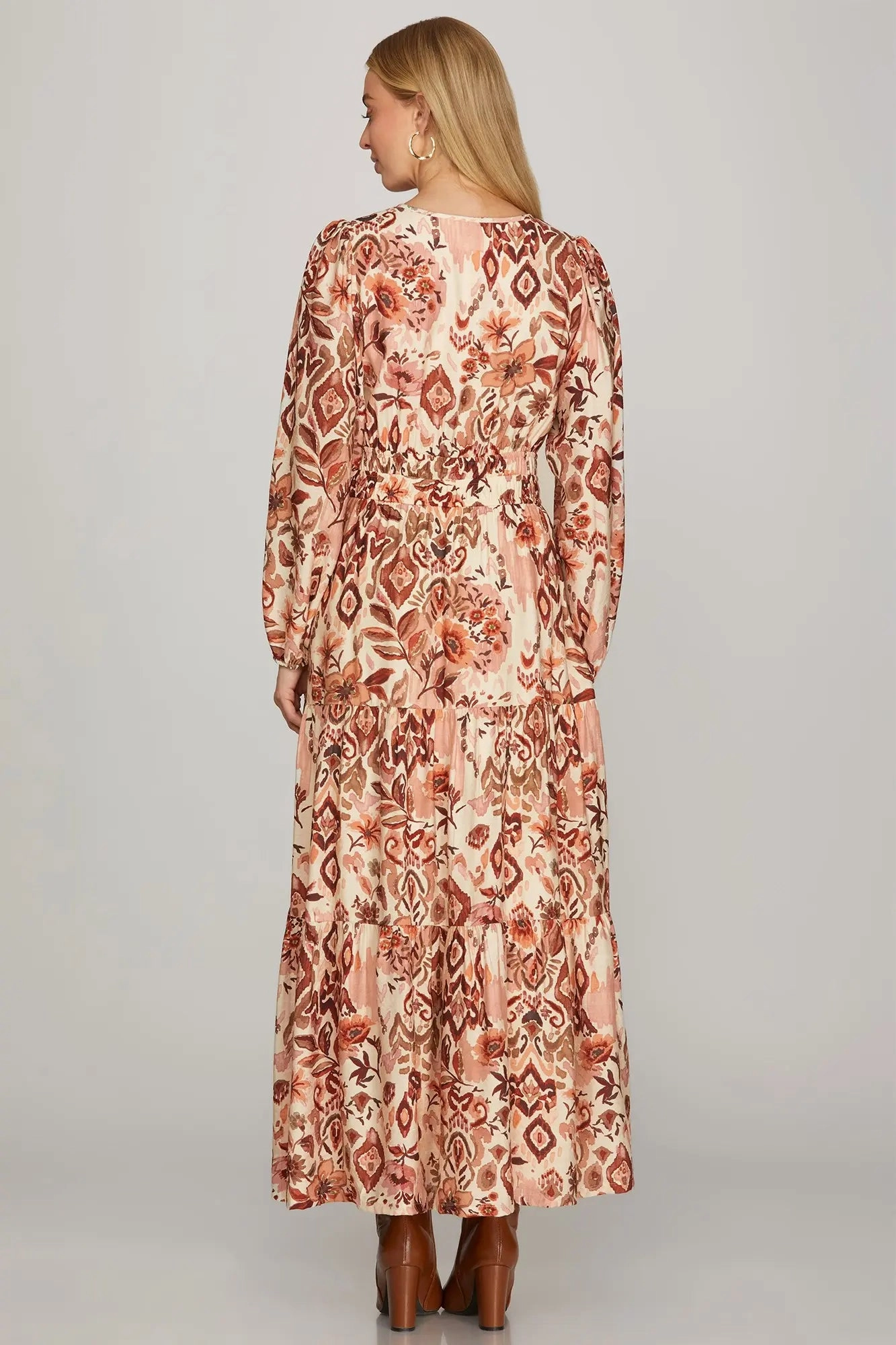 Long Sleeve Floral Tiered Maxi Dress With Full Lining Breathable Comfort Wear