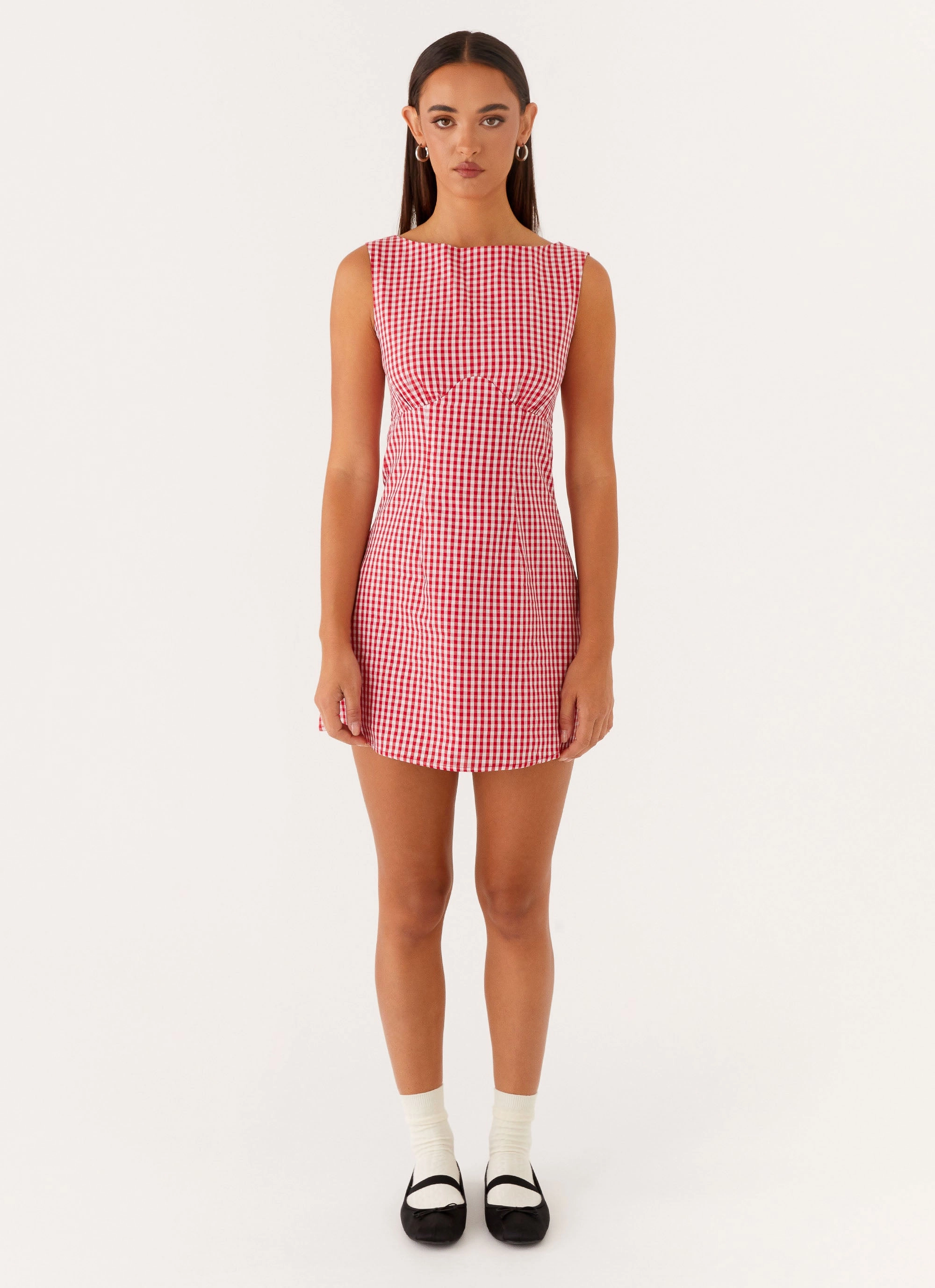 Lotus Tie Back Mini Dress - Red Gingham Hot Now