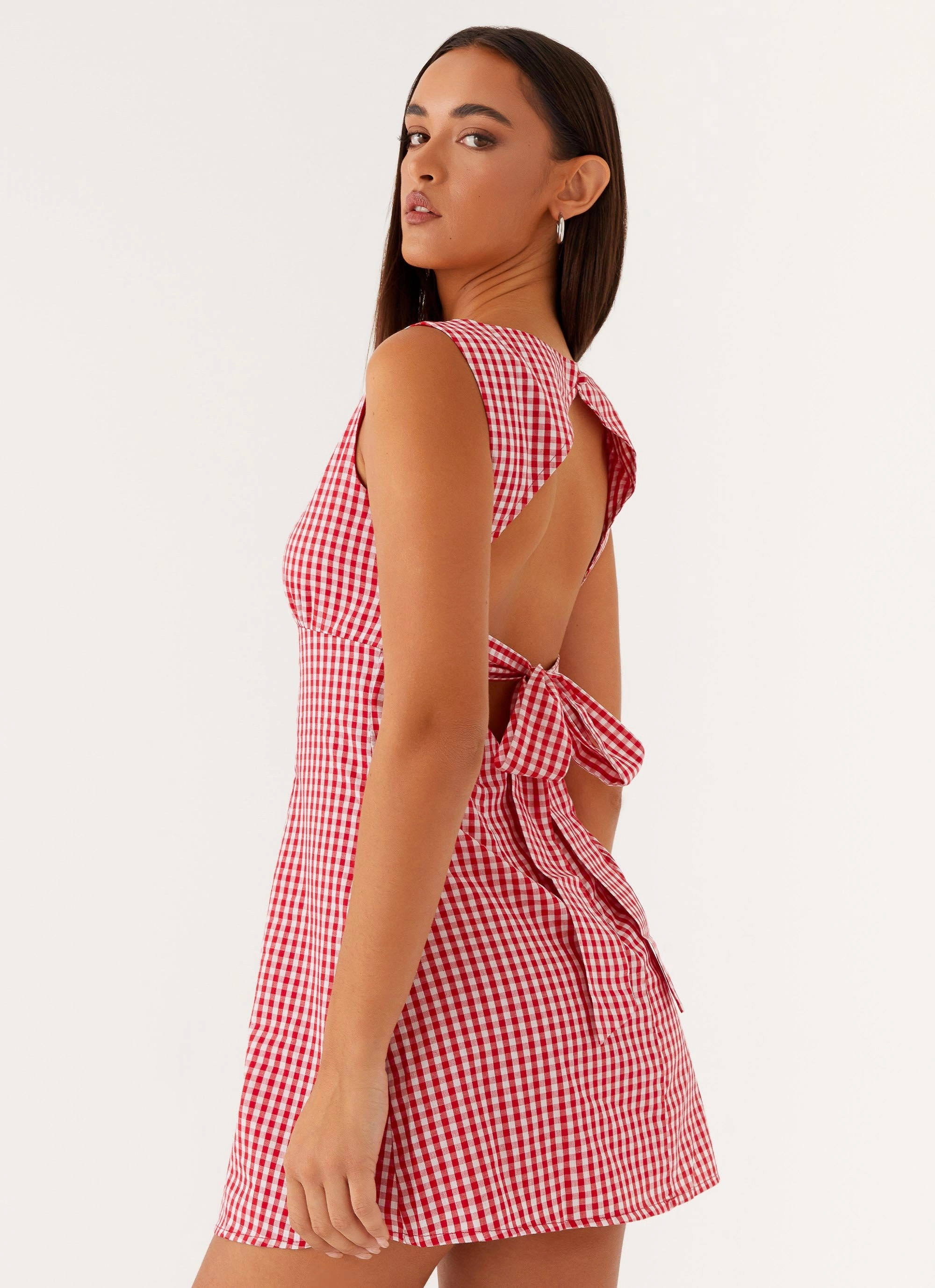 Layered Texture Lotus Tie Back Mini Dress - Red Gingham