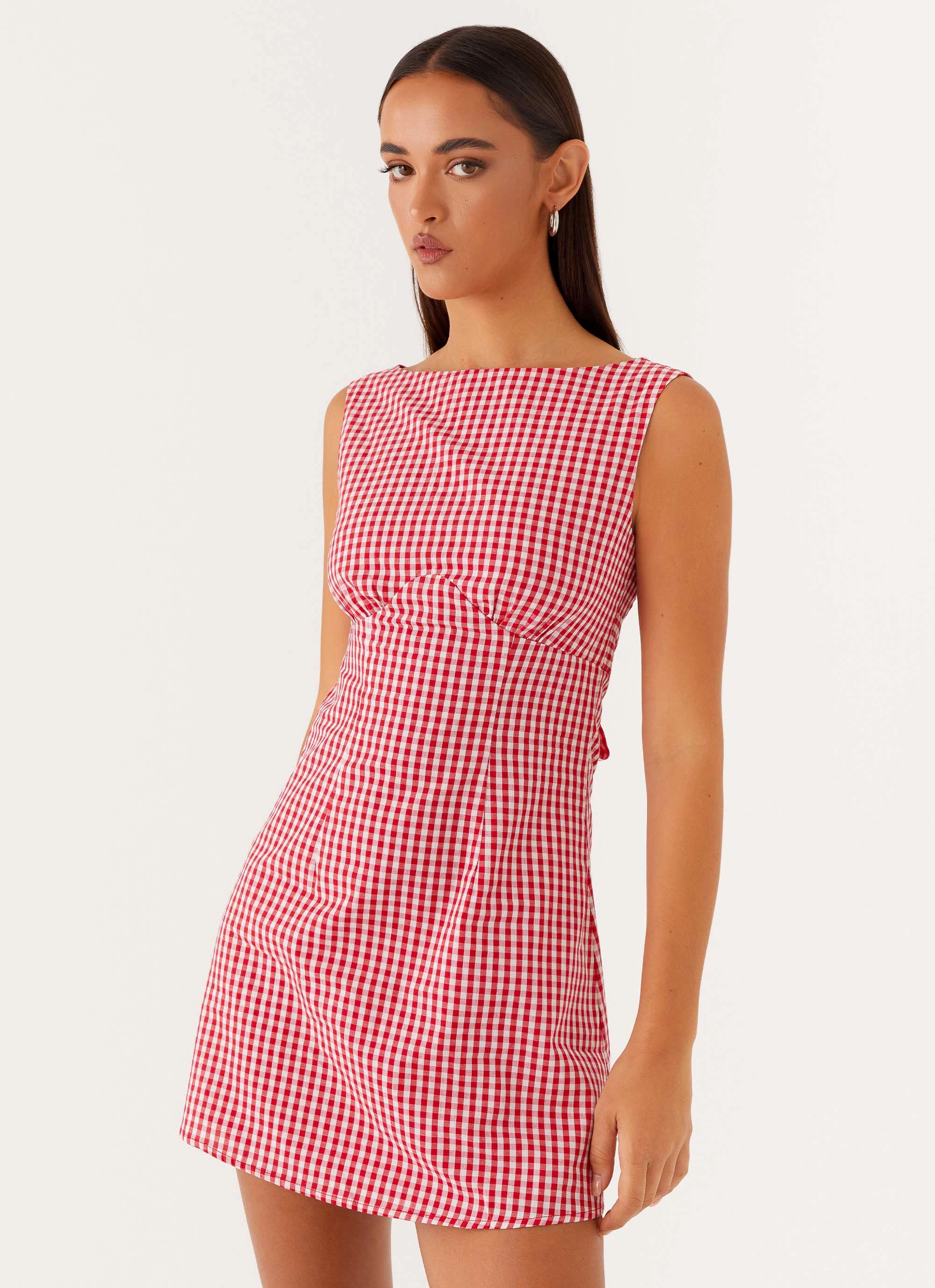 Lotus Tie Back Mini Dress - Red Gingham Minimalist-Style Warm Soft
