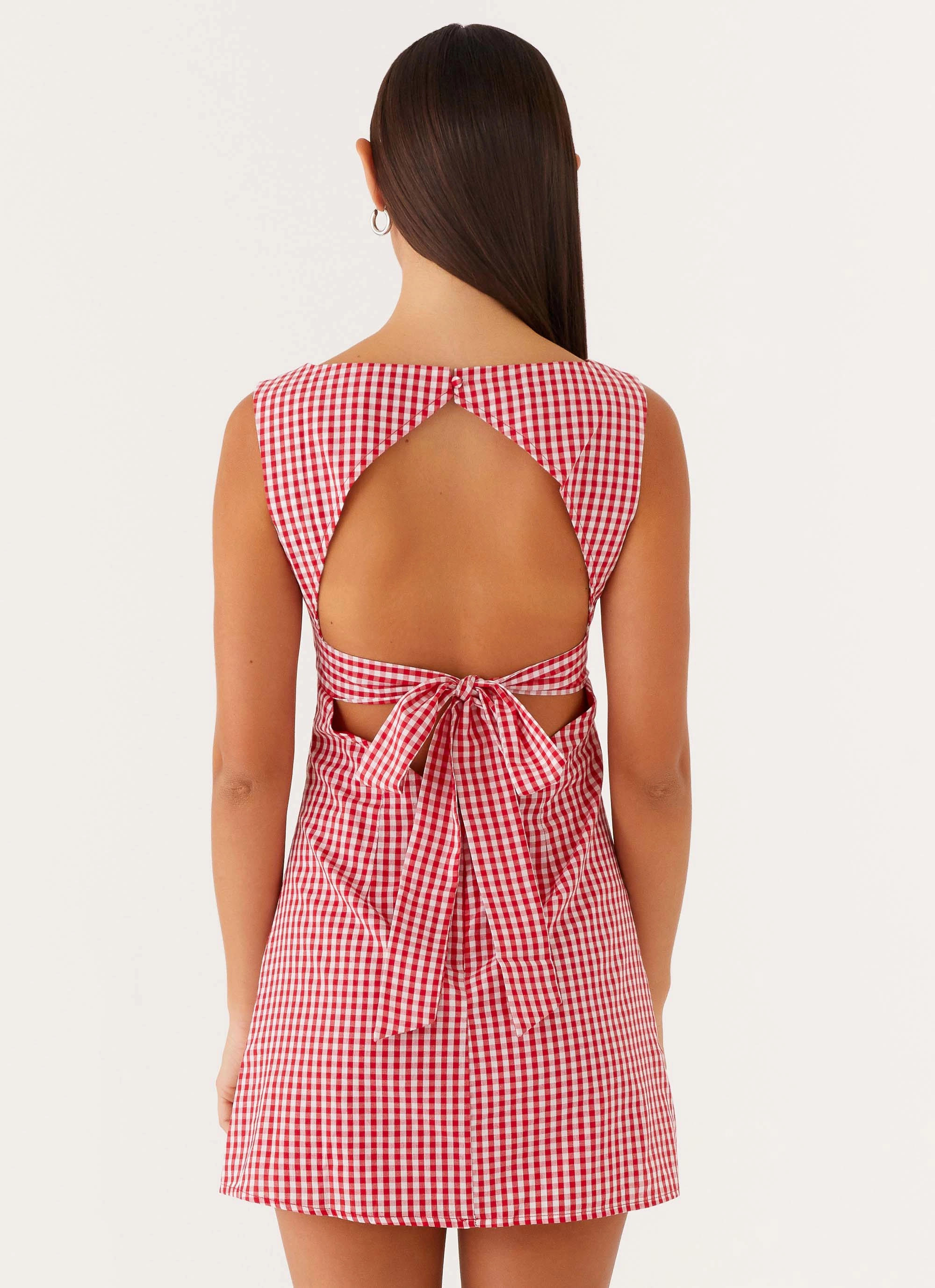 Quilted-Texture Youthful Feel Lotus Tie Back Mini Dress - Red Gingham