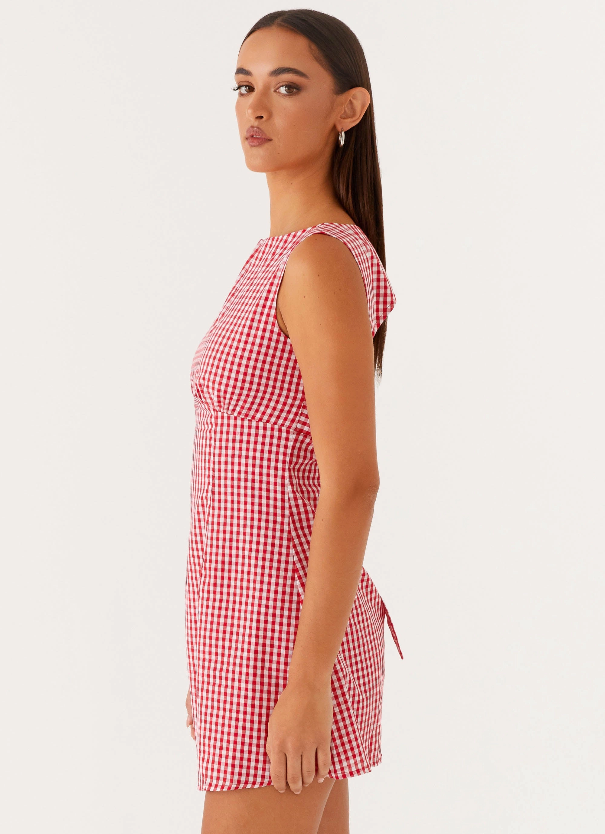 Lotus Tie Back Mini Dress - Red Gingham Festival-Ready Knit Warm
