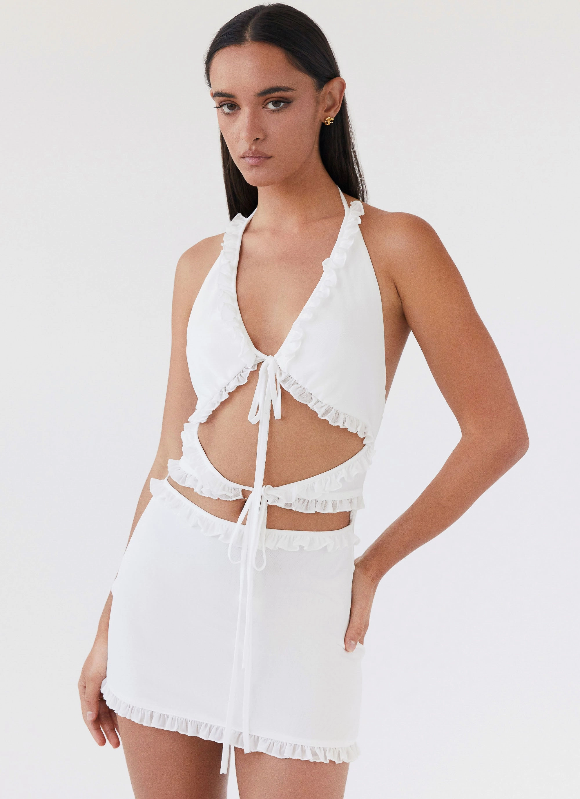 Halter-Neck Relax Appeal Love Exchange Ruffle Mini Dress - White