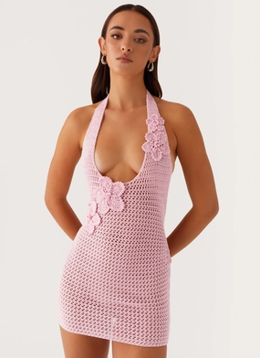 Luciana Crochet Halterneck Mini Dress - Pink Art Event French Vibe