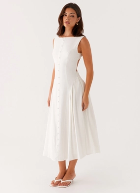 Elegant Waist Vintage Vibe Maylah Midi Dress - White