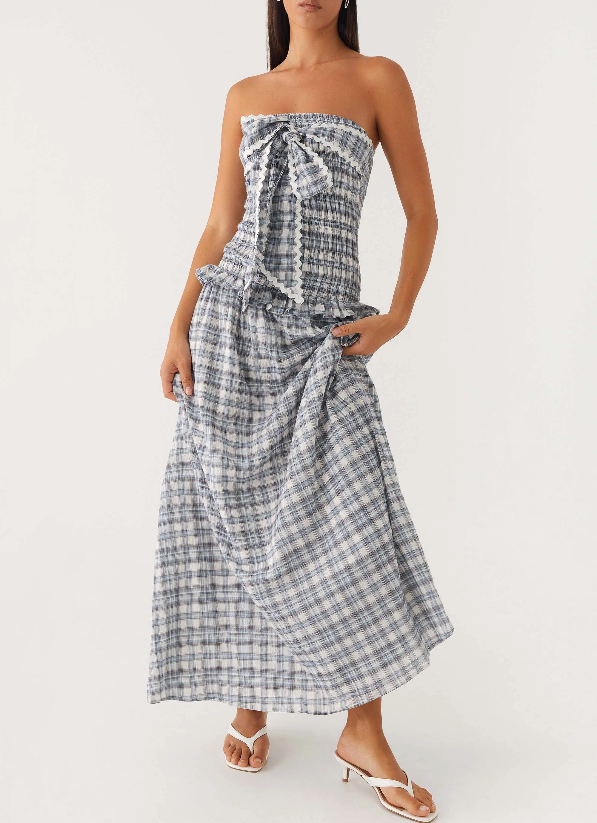 Fashionable appearance Malia Shirred Maxi Dress - Blue Grey Check