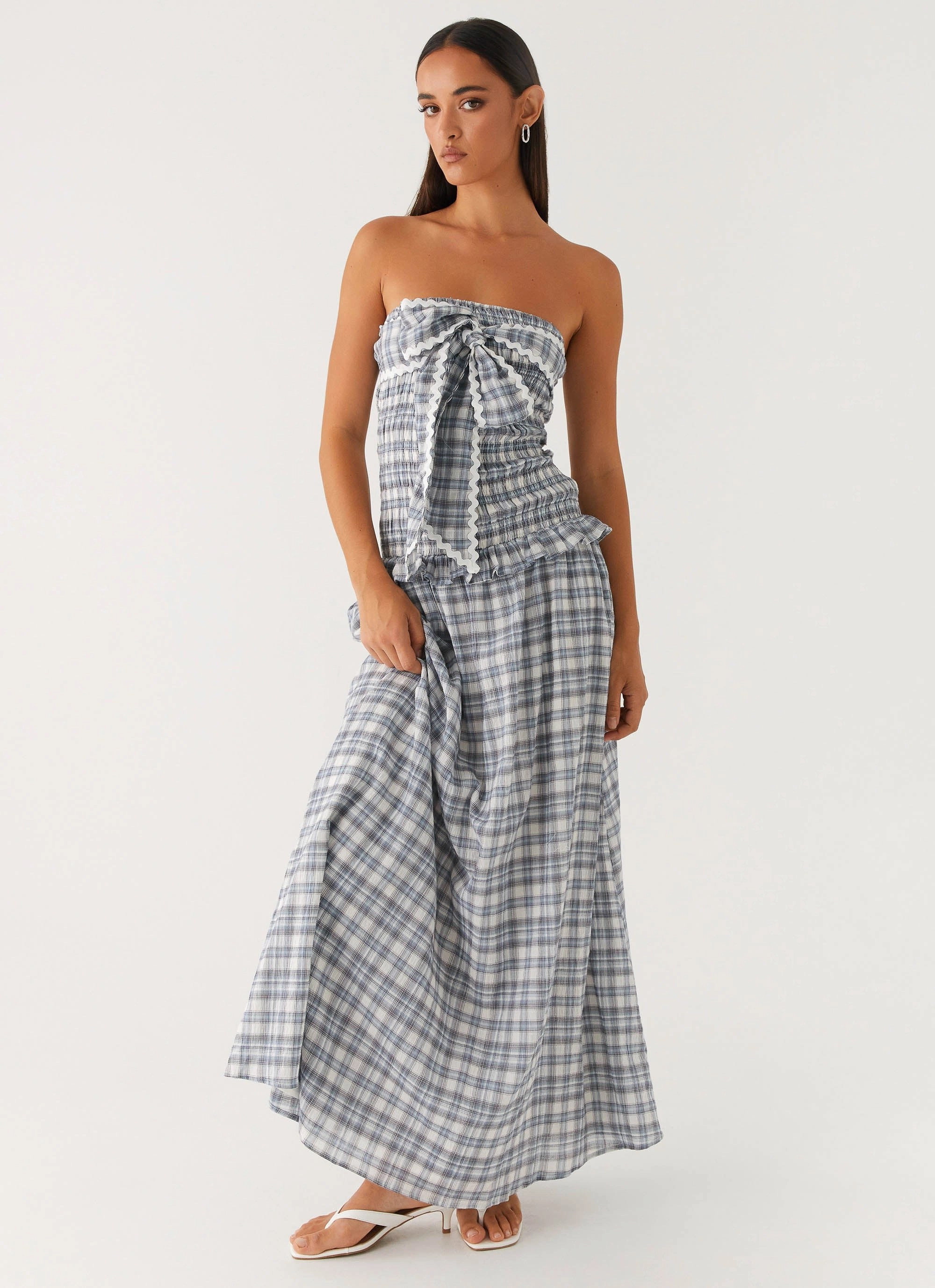 Winter Proof Malia Shirred Maxi Dress - Blue Grey Check