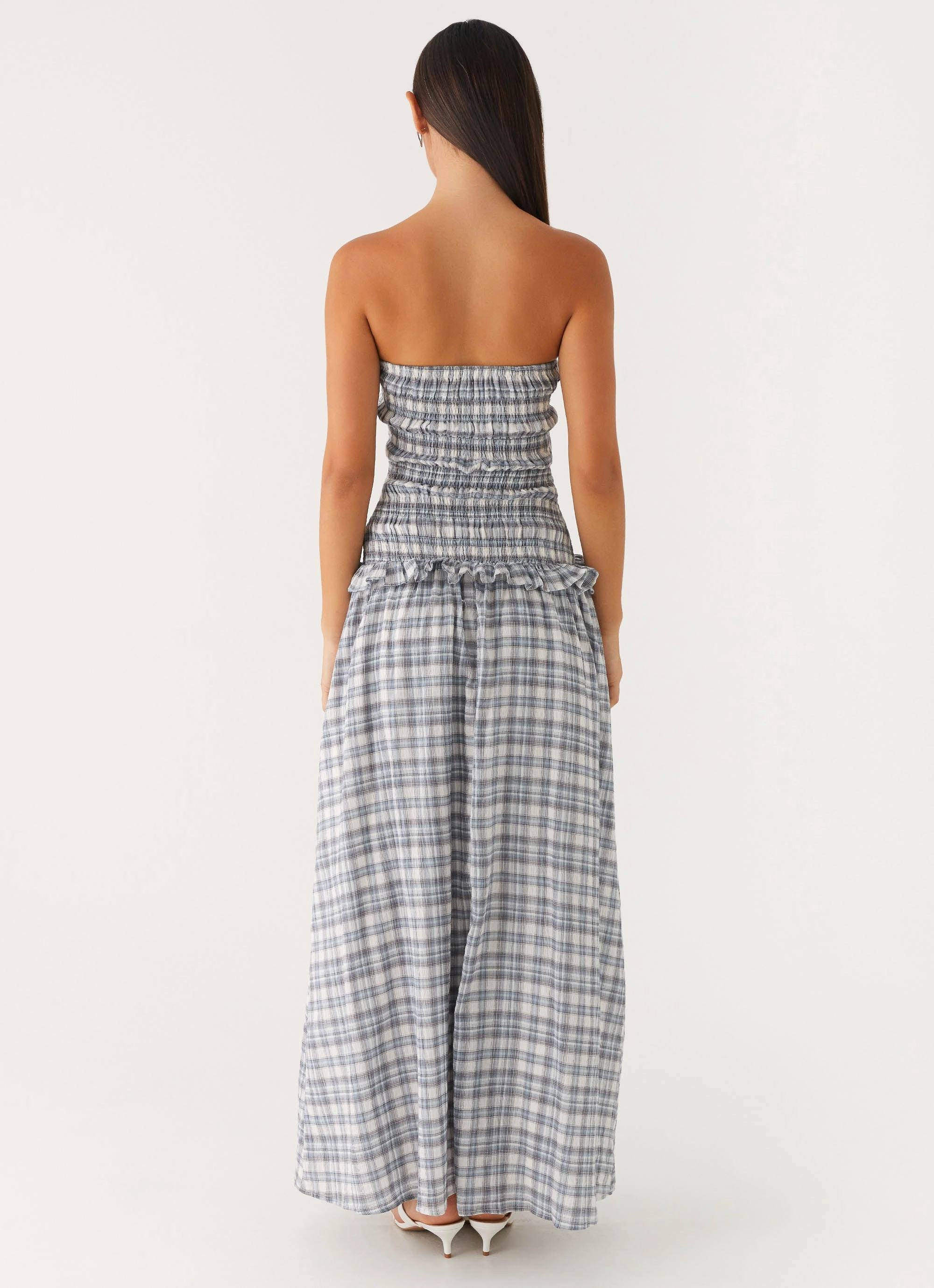 Comfortable and Chic Matte-finish Malia Shirred Maxi Dress - Blue Grey Check