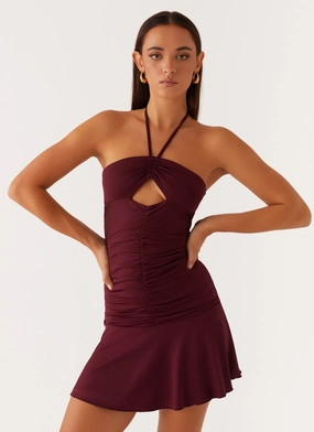 Katrina Halterneck Mini Dress - Deep Maroon Romantic date dress