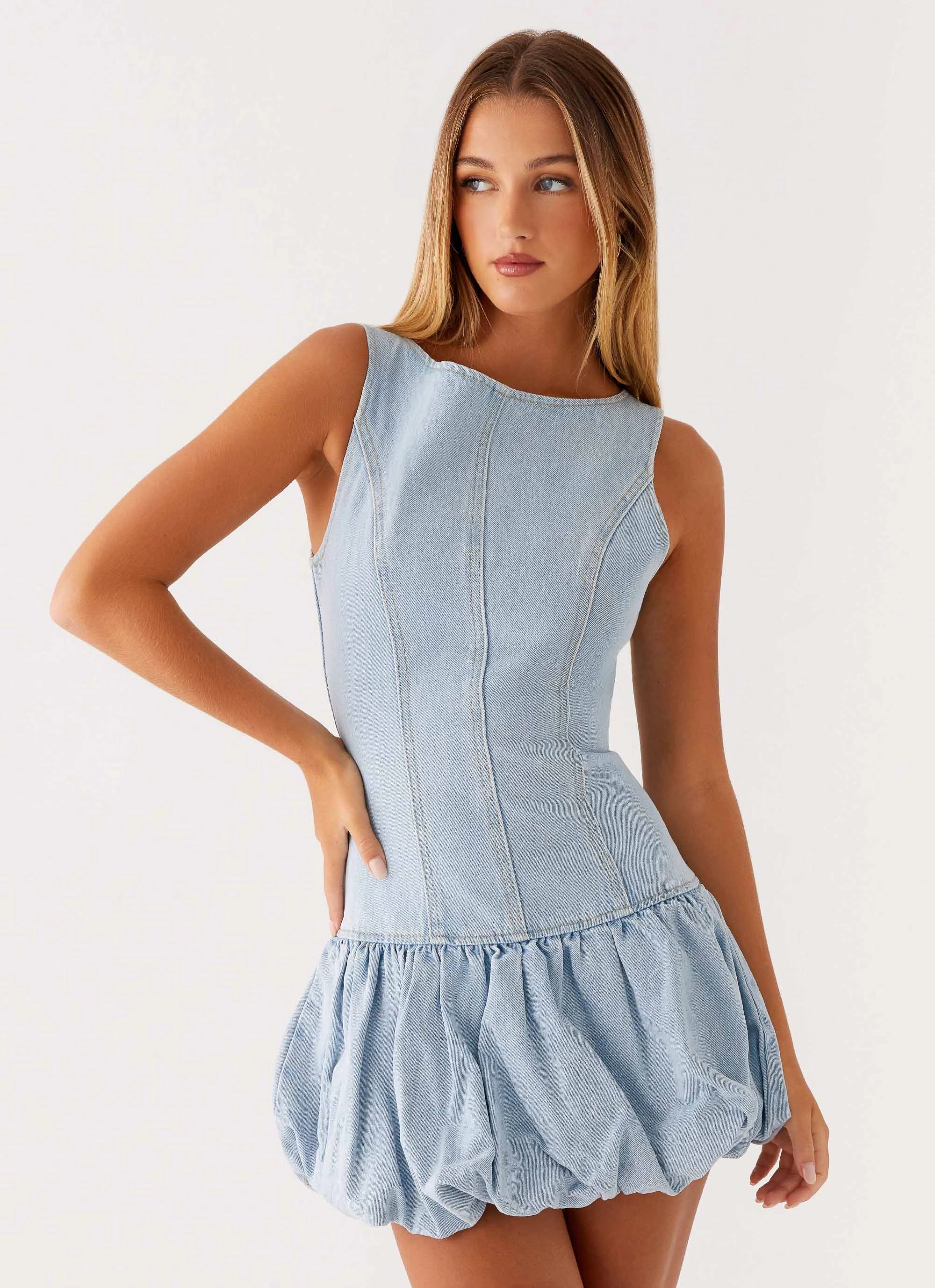 Minimalist Style Calm Texture Meg Bubble Denim Mini Dress - Blue