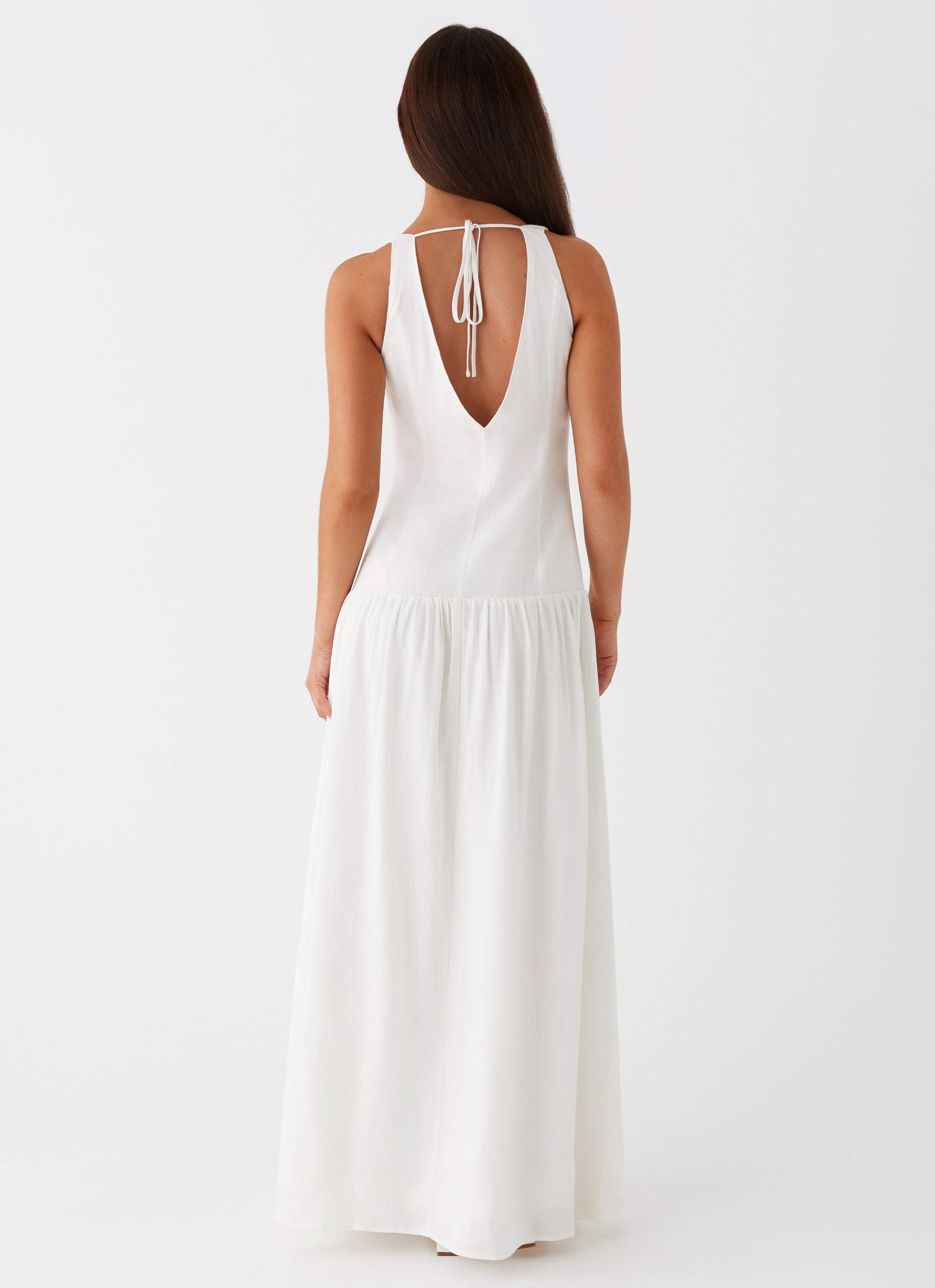Waist-Cinching Gathered-Detail Meggie Linen Maxi Dress - White