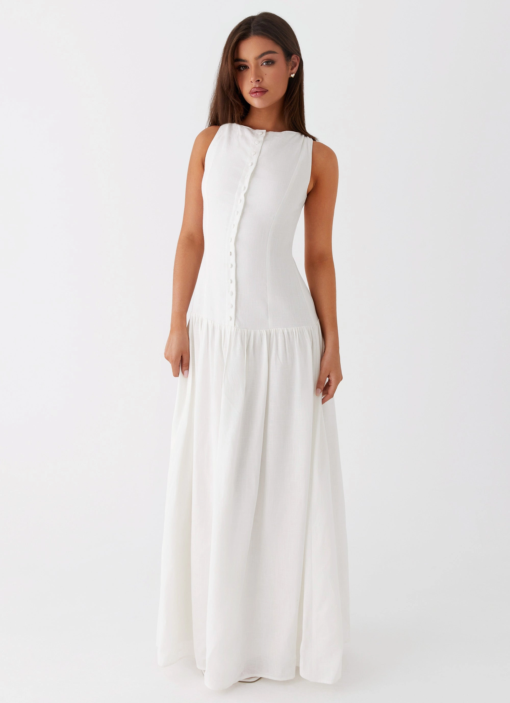 Meggie Linen Maxi Dress - White Draped-Style Slim Shape