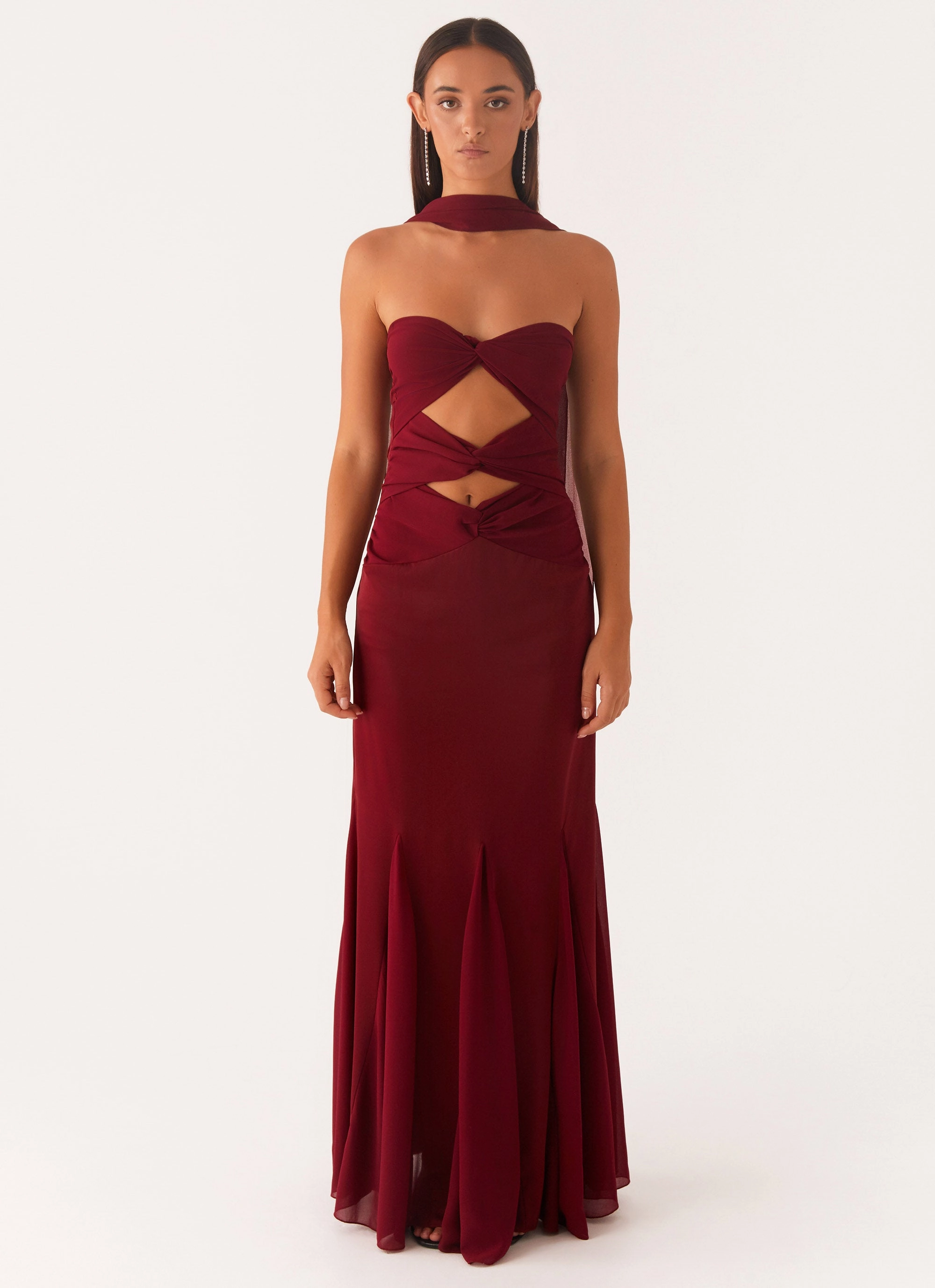 Melrose Satin Chiffon Maxi Dress - Deep Red Layered Texture Beaded-Sleeve