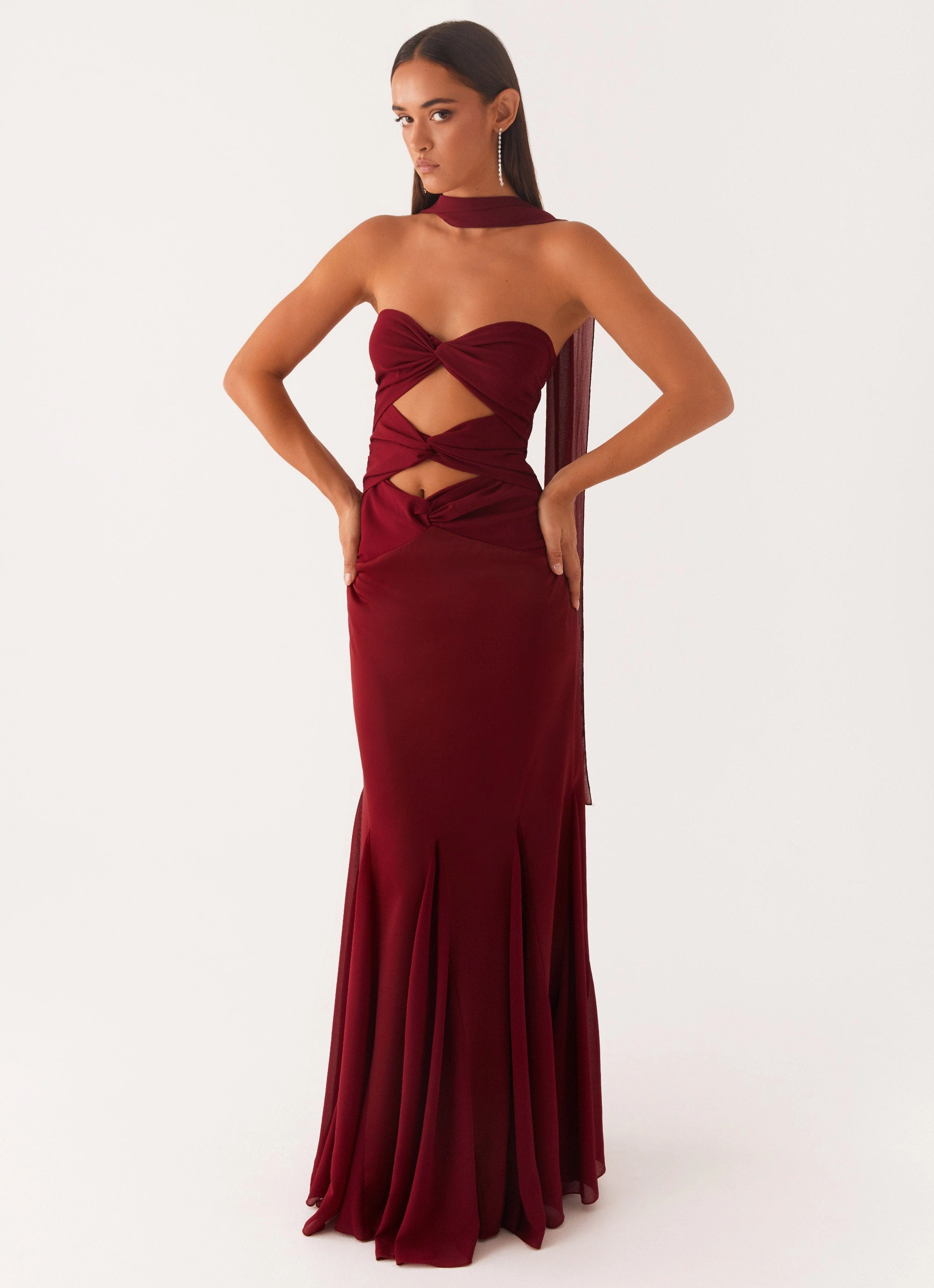 Clasp-Closure Melrose Satin Chiffon Maxi Dress - Deep Red