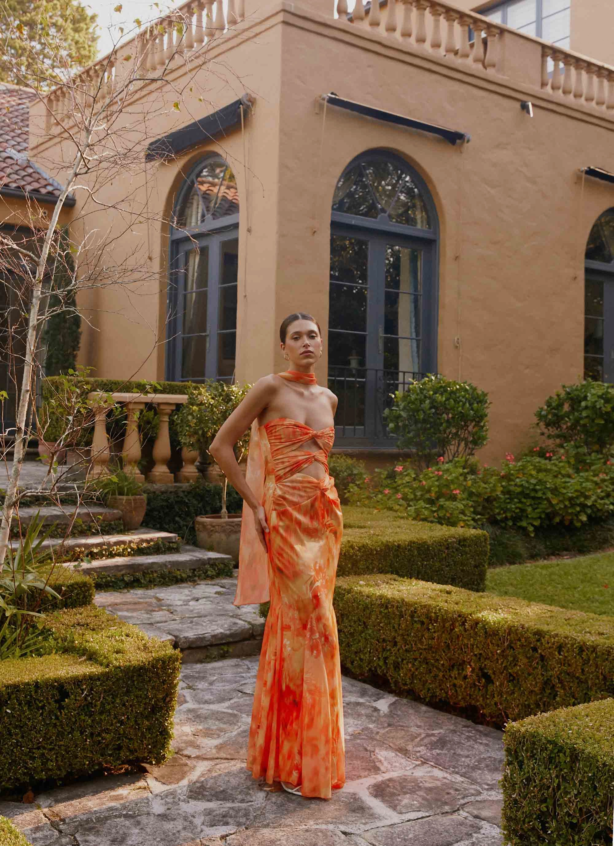 Easy Flow Melrose Satin Chiffon Maxi Dress - Sunset Floral