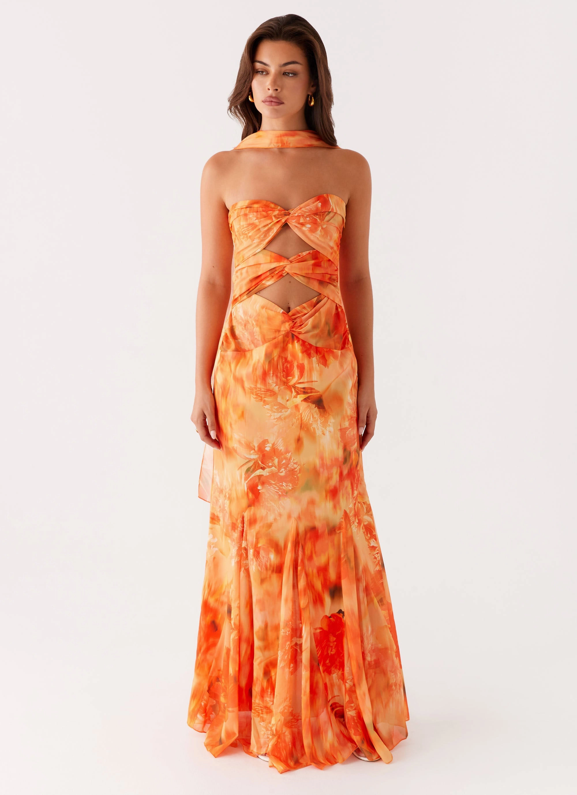 Melrose Satin Chiffon Maxi Dress - Sunset Floral Dreamy Flow