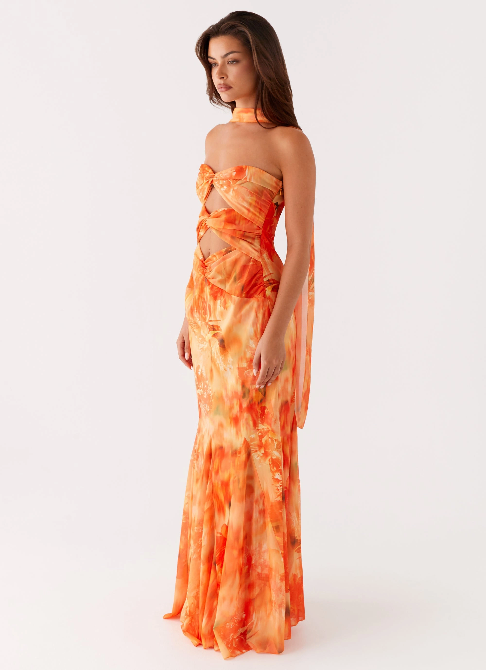 Melrose Satin Chiffon Maxi Dress - Sunset Floral Dew Glow Trend Movement