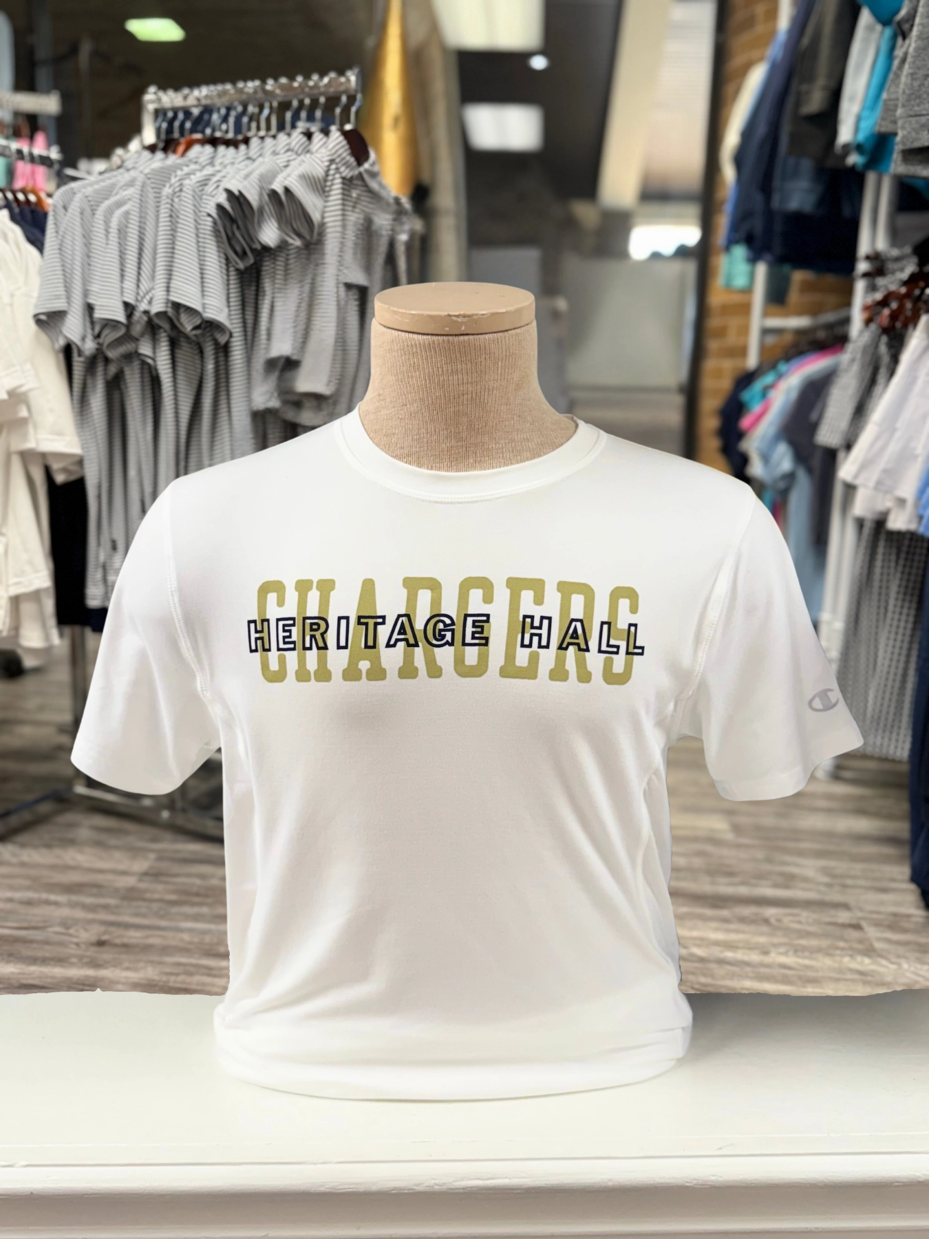 PreShrunkCotton Perfect Layer Men's Champion T-Shirt, white, Chargers gold, navy Her Hall