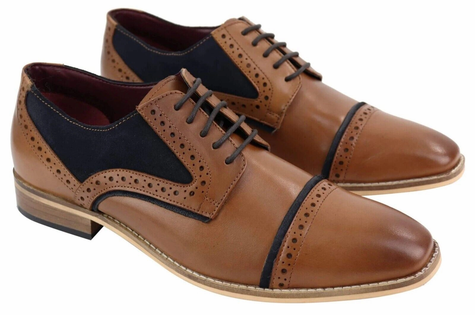 Mens Classic Navy Suede Oxford Brogue Derby Shoes in Tan Leather Italian Fit Bespoke Fit
