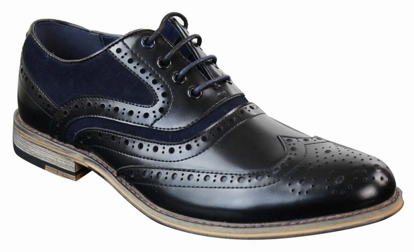 Mens Classic Navy Suede Oxford Brogue Shoes in Black Leather Double Stitched Seams