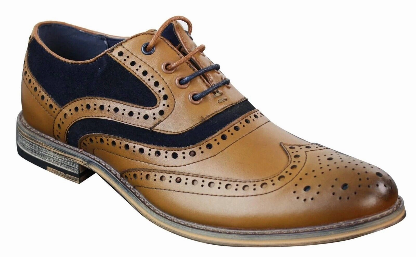 Mens Classic Navy Suede Oxford Brogue Shoes in Tan Leather Shine Hold