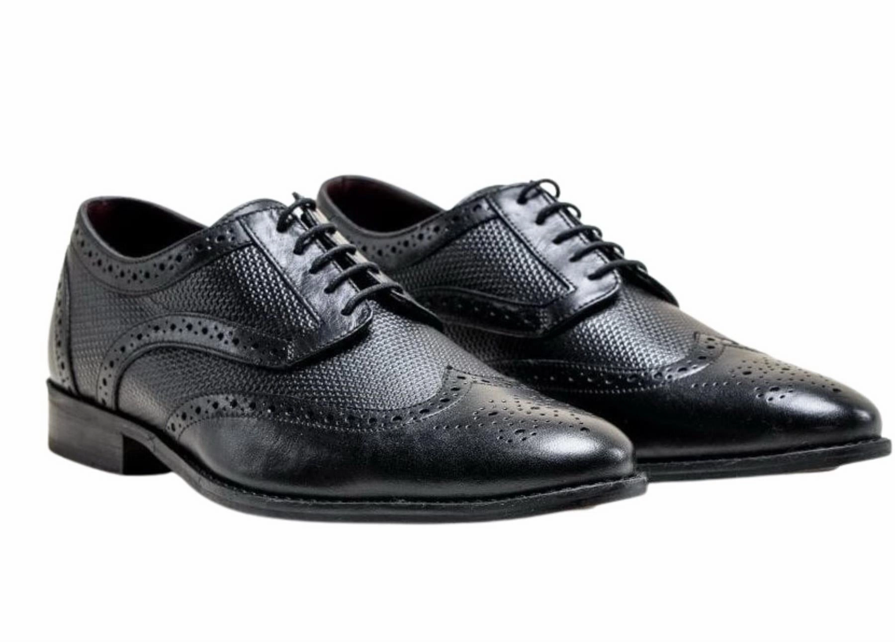 Crisp Details Mens Classic Oxford Brogue Shoes in Patterned Black Leather