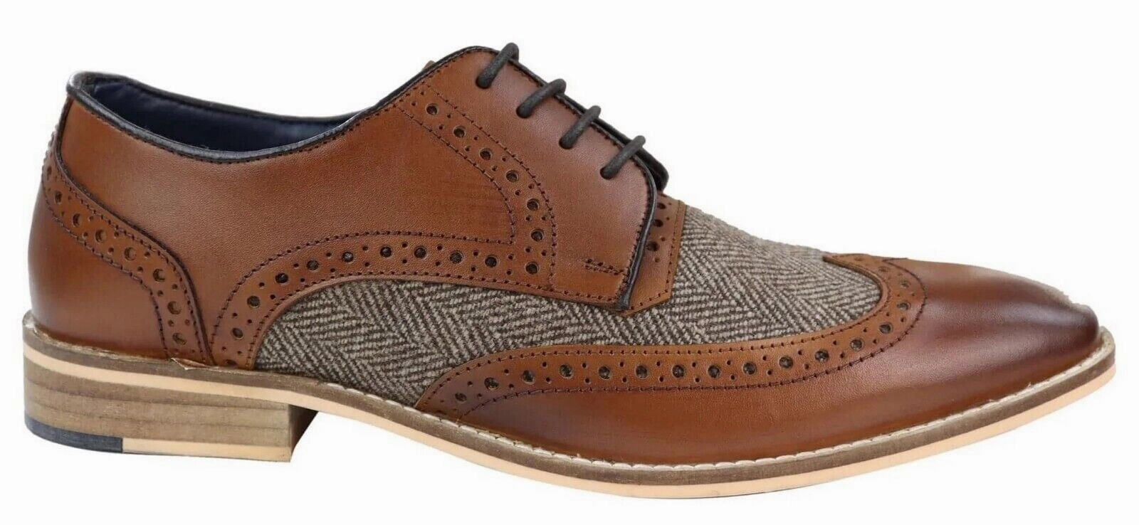 waterproof Understated Mens Classic Oxford Tweed Brogue Derby Shoes in Tan Leather