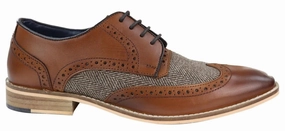 waterproof Understated Mens Classic Oxford Tweed Brogue Derby Shoes in Tan Leather
