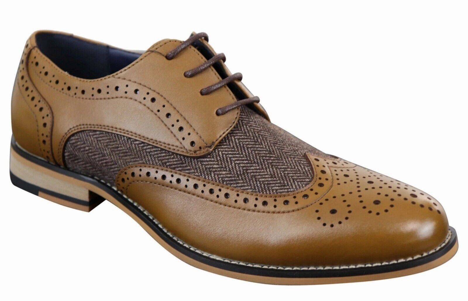 Neutral palette Mens Classic Oxford Tweed Brogue Shoes in Tan Leather