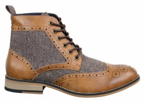 Marriage Look Mens Classic Tweed Oxford Ankle Boots in Tan Leather