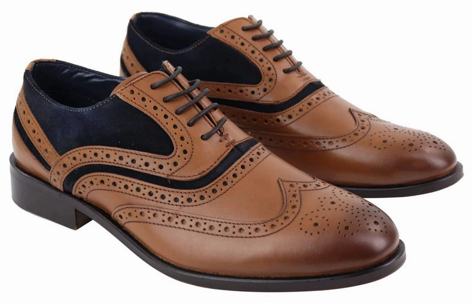 Dust Safe Motion Friendly Mens Retro Oxford Navy Suede Brogue Shoes in Tan Leather