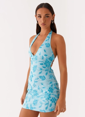 Merida Halterneck Beaded Mini Dress - Blue All Day Ready Art Inspired