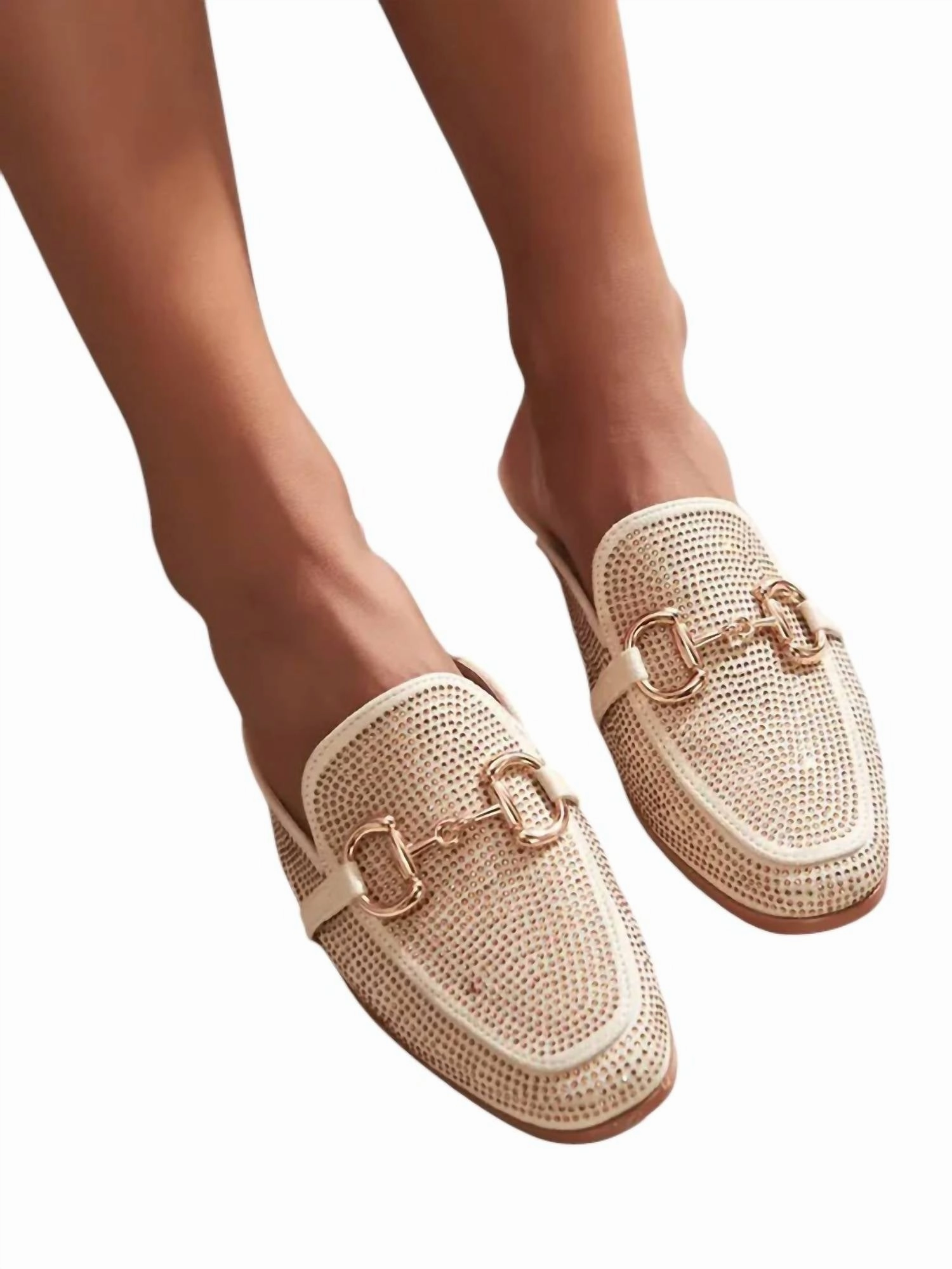 Women's Bedazzle Flat Mules In Beige Mid Top High Efficiency